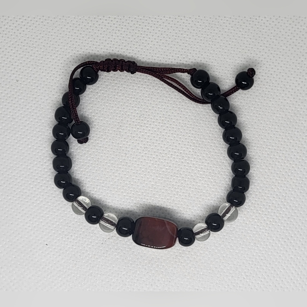 Onyx & Clear Quartz Bracelet w/ Red Jasper Center – Adjustable Shamballa - Picture 3 of 3